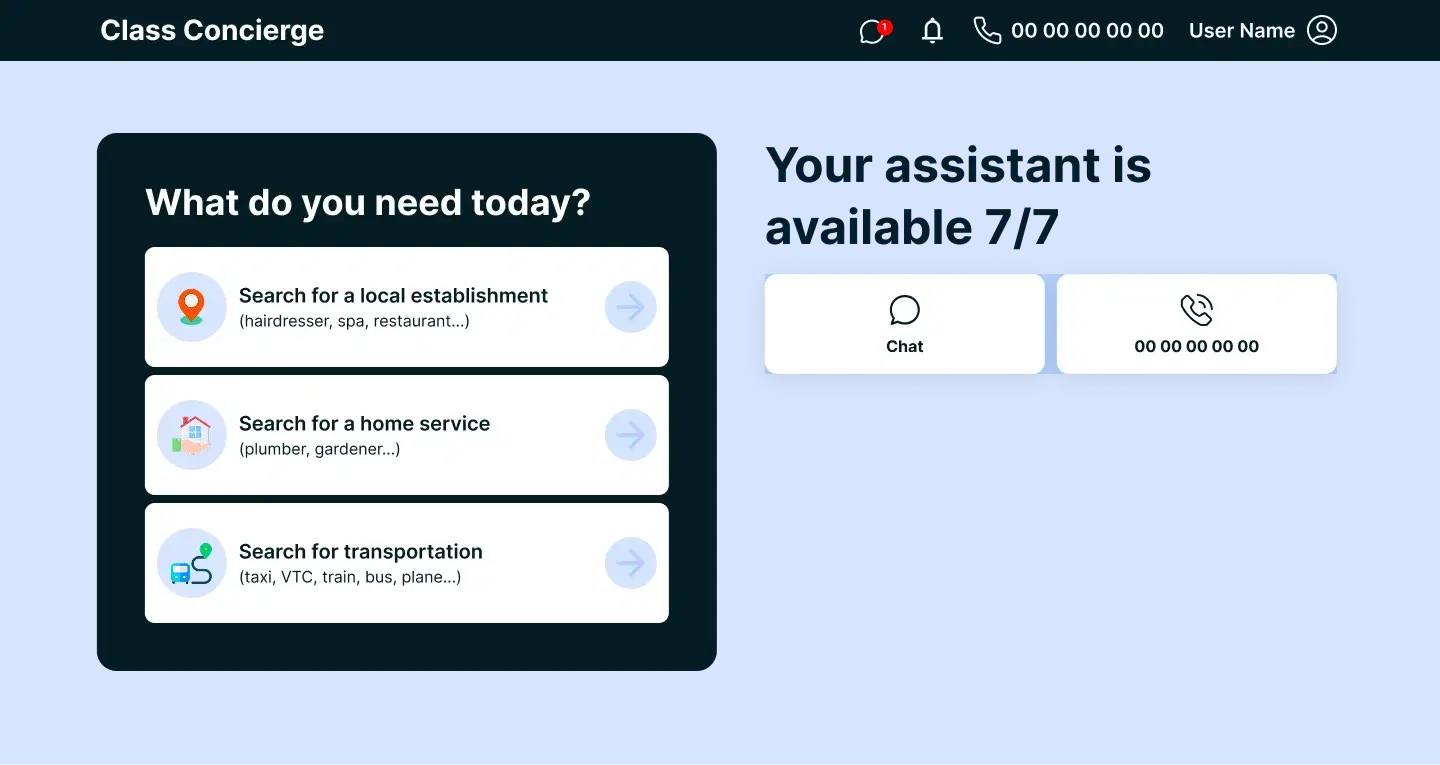 Class Concierge white-label booking platform desktop interface showing restaurant reservations, taxi bookings, and home services in a single unified dashboard